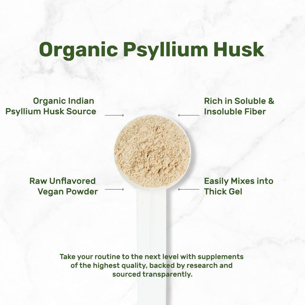 DEAL SUPPLEMENT Organic Psyllium Husk Powder measuring scoop ready for recipes.