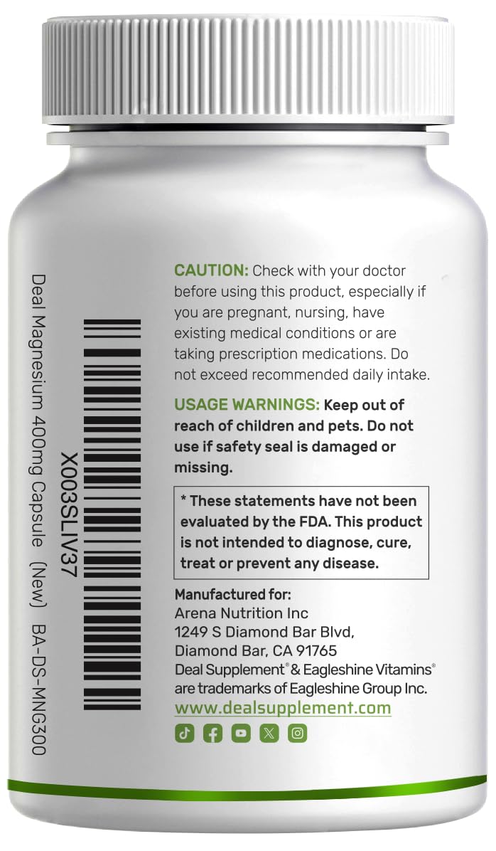 Product label detail of chelated magnesium glycinate 400mg by DEAL SUPPLEMENT.
