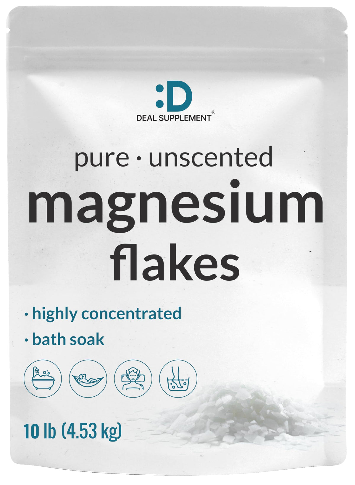 Deal Supplement Pure Magnesium Flakes in a 10lb pouch for a soothing, high-absorption bath.