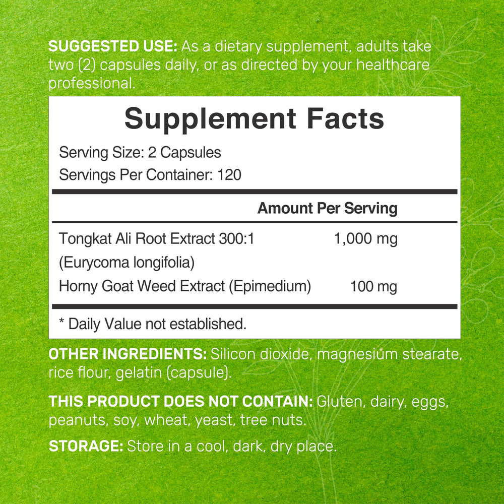 Close-up of Tongkat Ali capsules highlighting extra strength formula