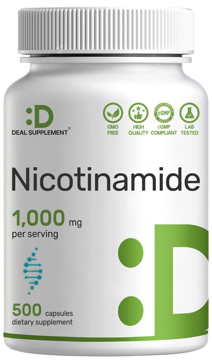 DEAL SUPPLEMENT Vitamin B3 Nicotinamide capsules on a white surface, flush-free daily support.