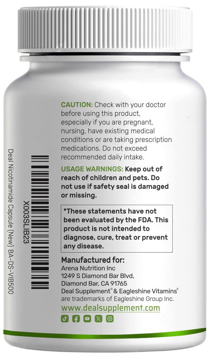 DEAL SUPPLEMENT Vitamin B3 Nicotinamide bottle on kitchen counter in natural light.