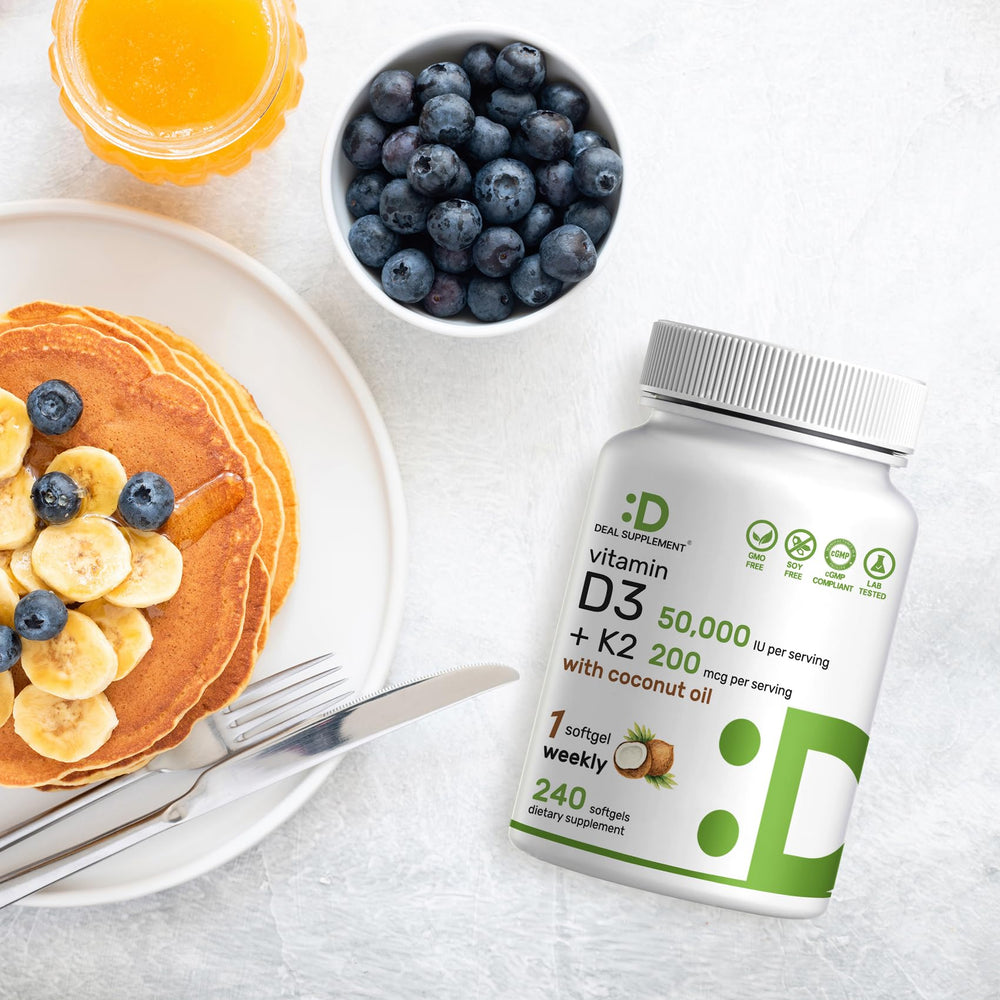 DEAL SUPPLEMENT vitamin d3 k2 coconut oil carrier illustration highlights absorption support.