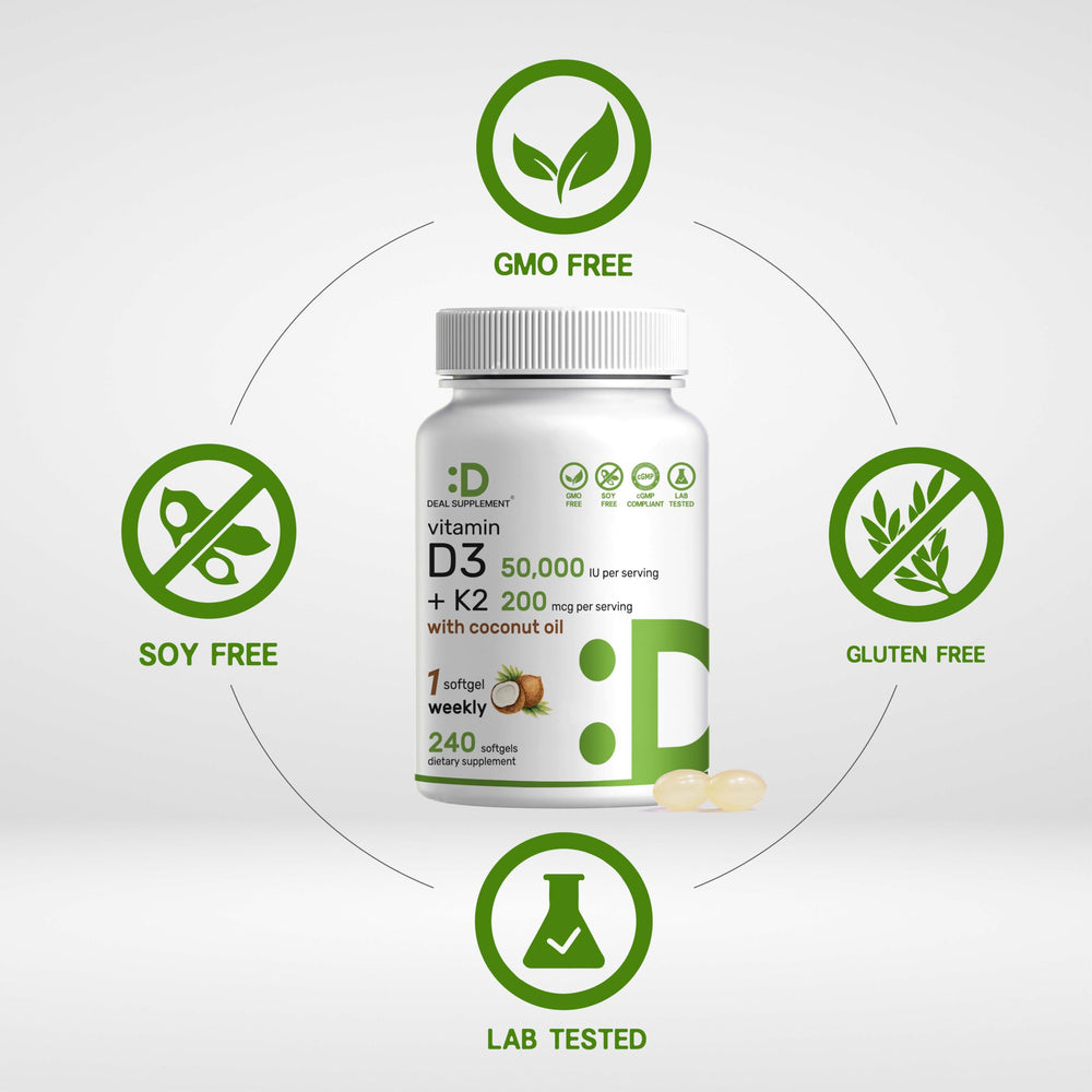 DEAL SUPPLEMENT vitamin d3 k2 label front emphasizes MK7 formulation.