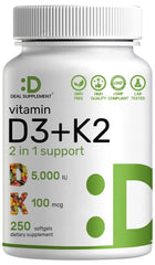 DEAL SUPPLEMENT Vitamin D3 + K2 softgels in bottle for daily support and calcium absorption.