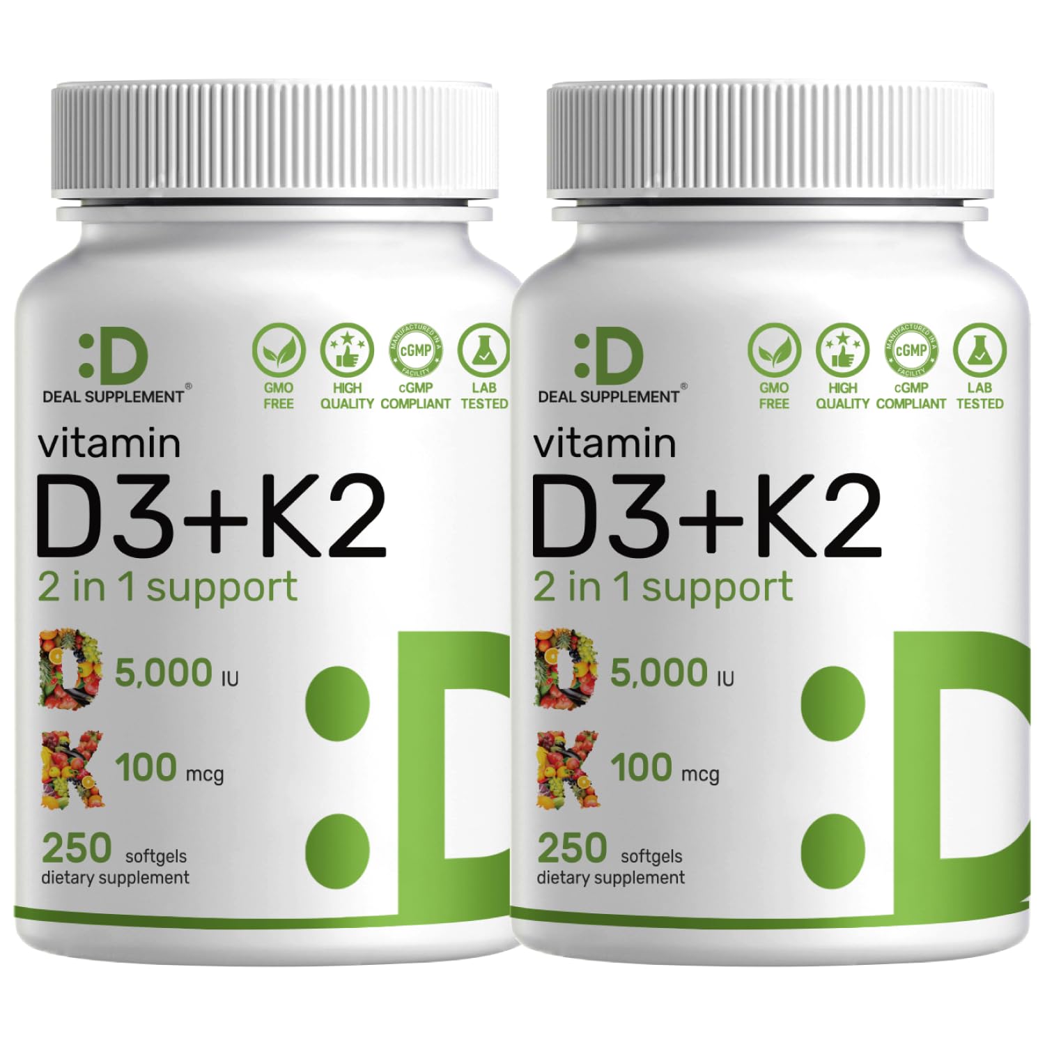 DEAL SUPPLEMENT vitamin D3 + K2 softgels bottle front shows the product and label highlights.