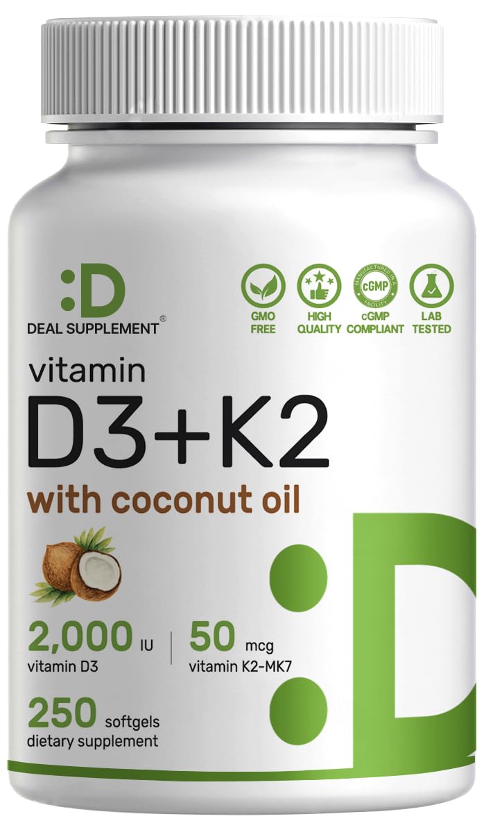 DEAL SUPPLEMENT vitamin d3 k2 softgels bottle supports daily bone and immune health.