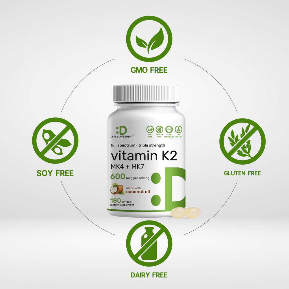DEAL SUPPLEMENT Vitamin K2 600mcg bottle label and packaging details