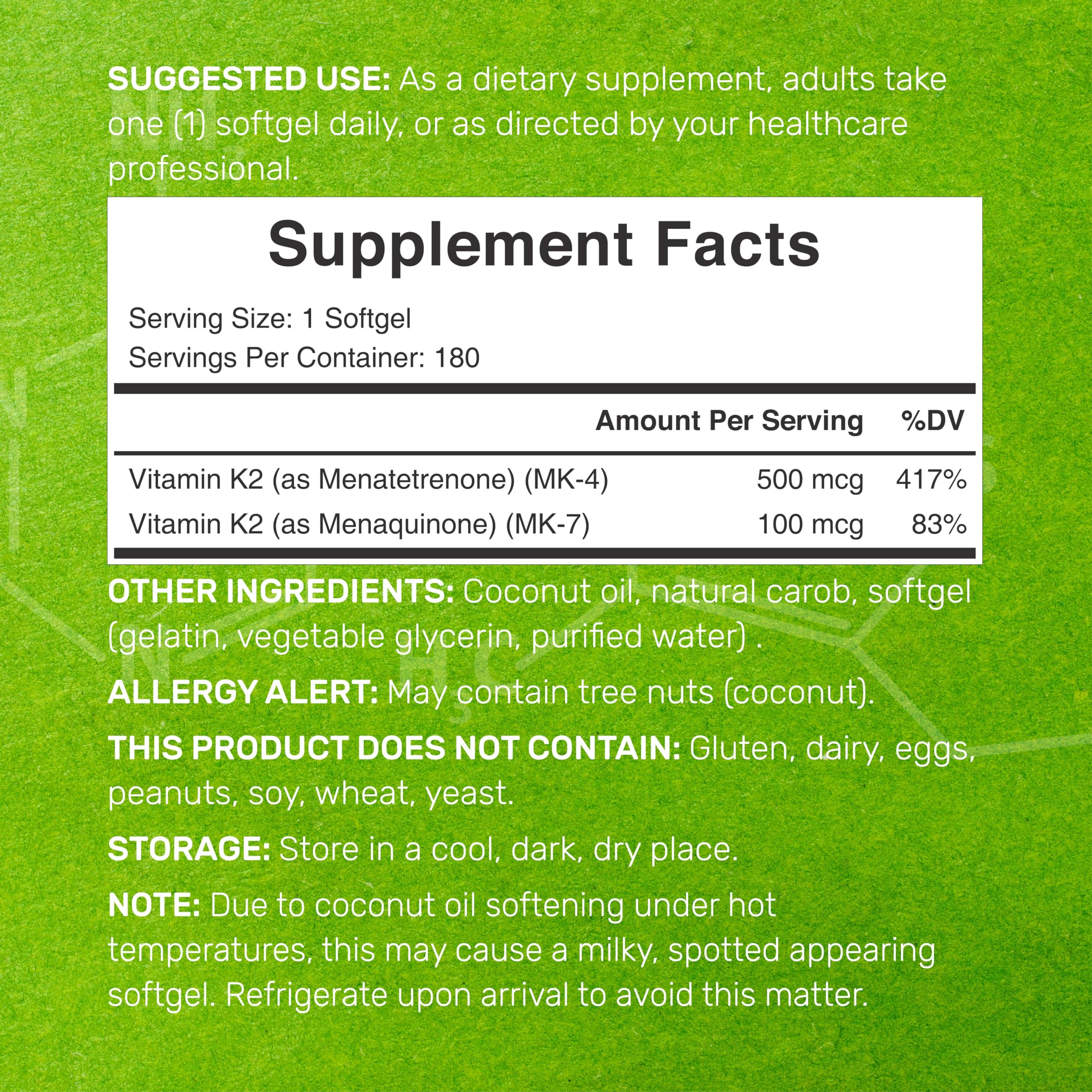 Closeup of DEAL SUPPLEMENT K2 MK7 and MK4 softgels with coconut oil