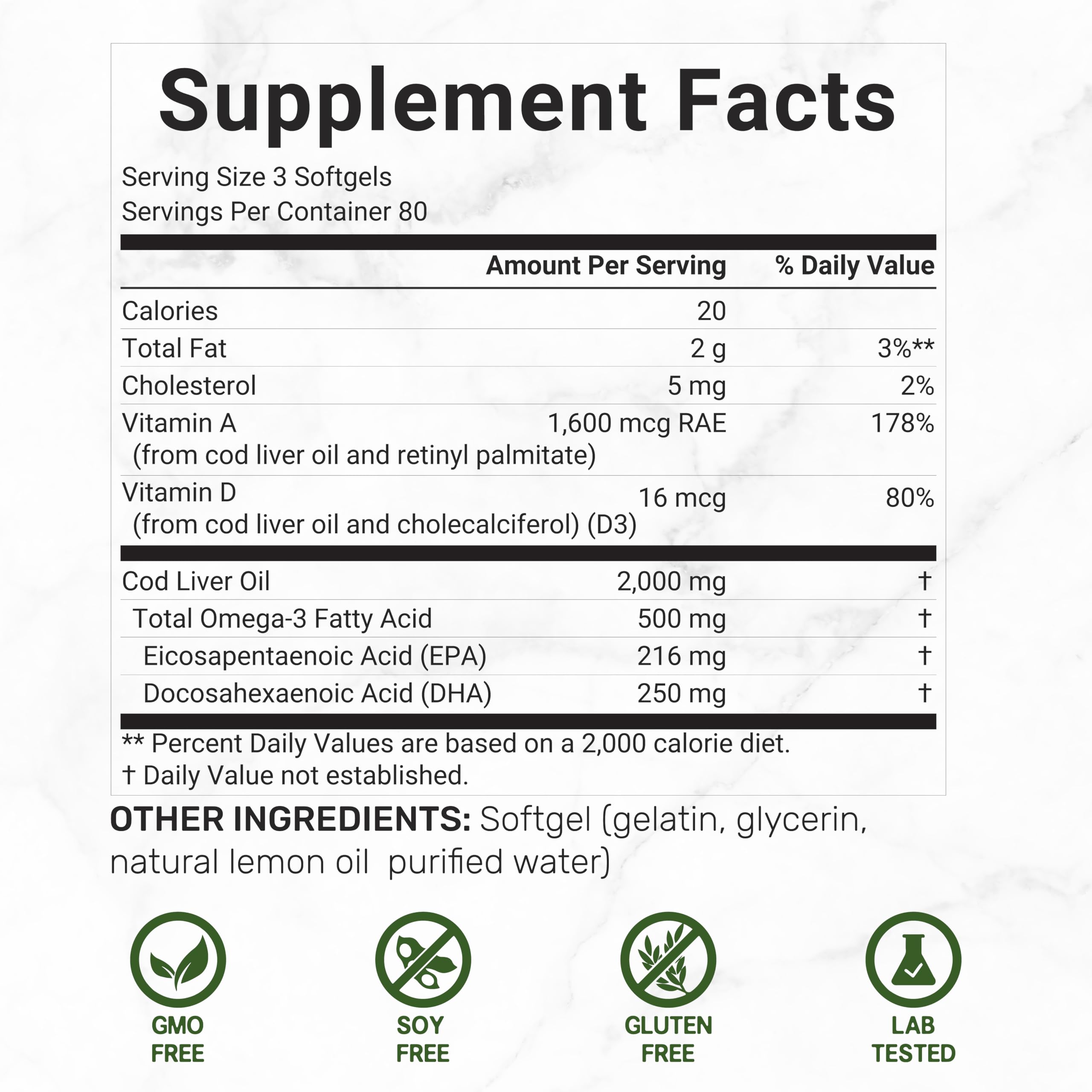 DEAL SUPPLEMENT cod liver oil softgels; 2000 mg per serving