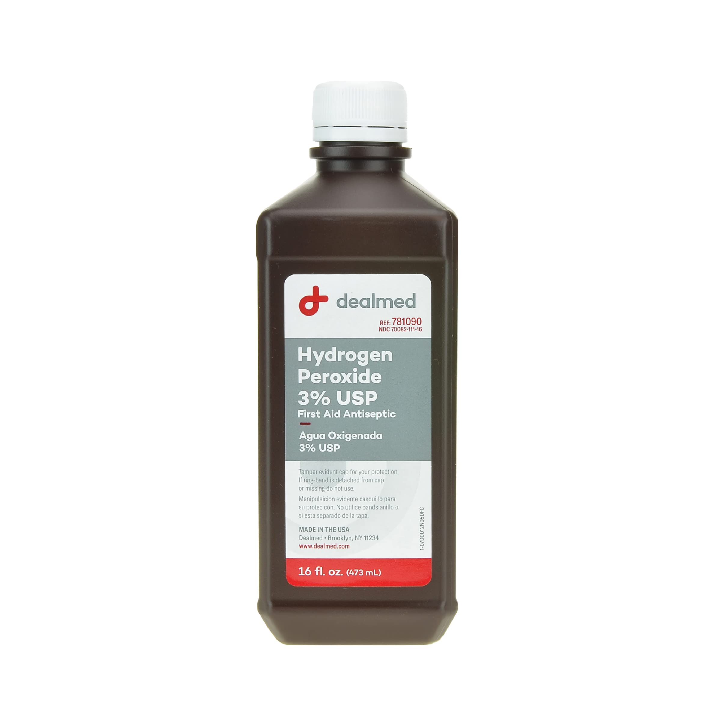 Dealmed hydrogen peroxide 3percent bottle on shelf shows versatile first aid use.
