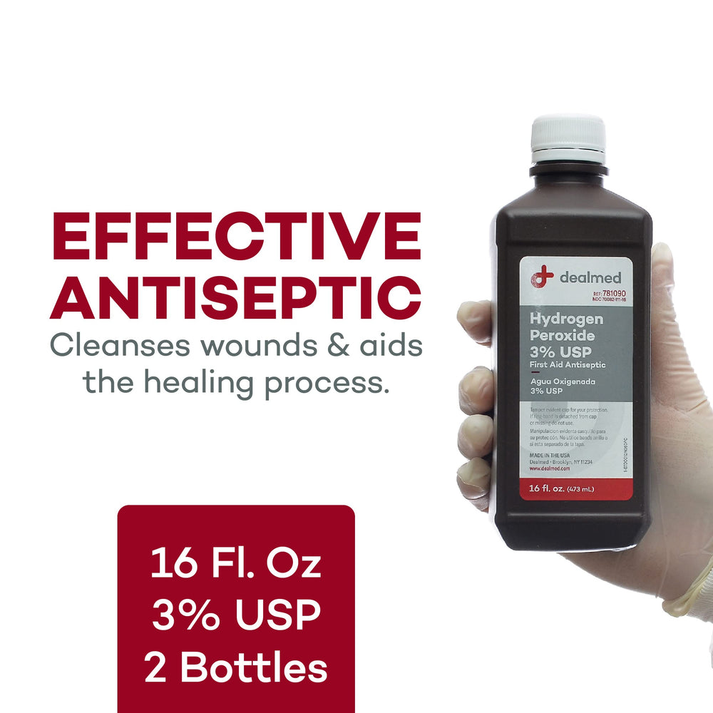 Dealmed hydrogen peroxide 3percent bottle cap-open highlights travel-friendly design.