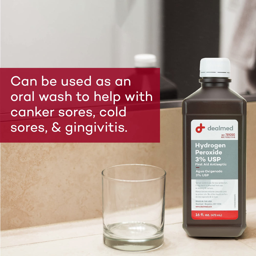 Dealmed hydrogen peroxide 3percent used for wound cleaning to support hygiene.