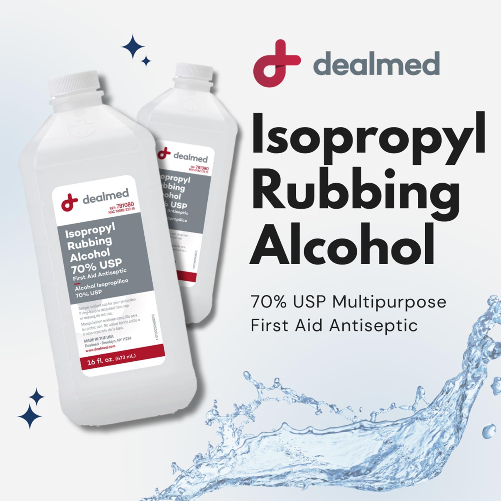 Dealmed Isopropyl Alcohol 70% USP bottle label highlights USP grade and uses.