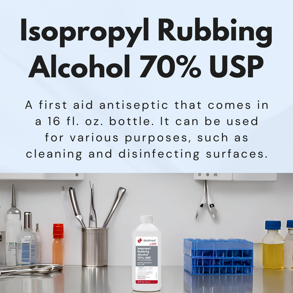 Dealmed Isopropyl Alcohol 70% USP pour captures quick, evaporating cleaning action.