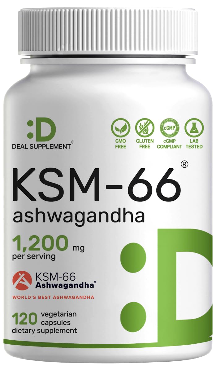 DEAL SUPPLEMENT Ashwagandha bottle 1200mg promotes calm and balanced energy.