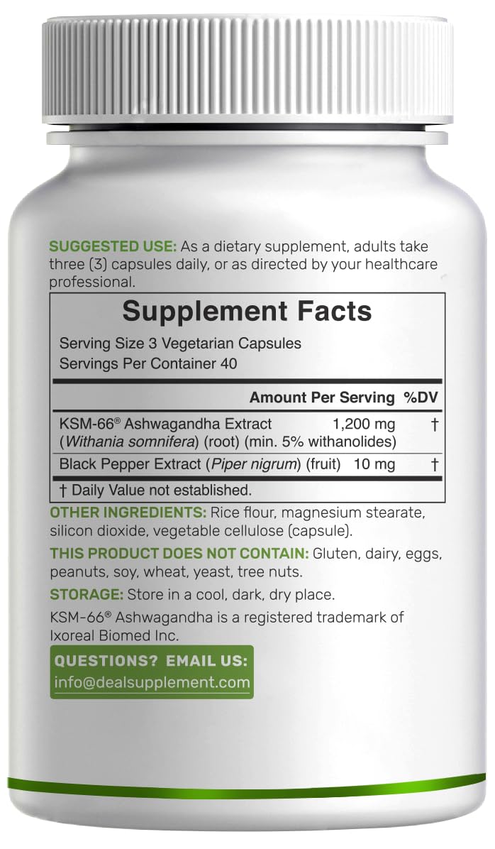 DEAL SUPPLEMENT Ashwagandha capsules gluten-free and allergen-friendly for relaxation.