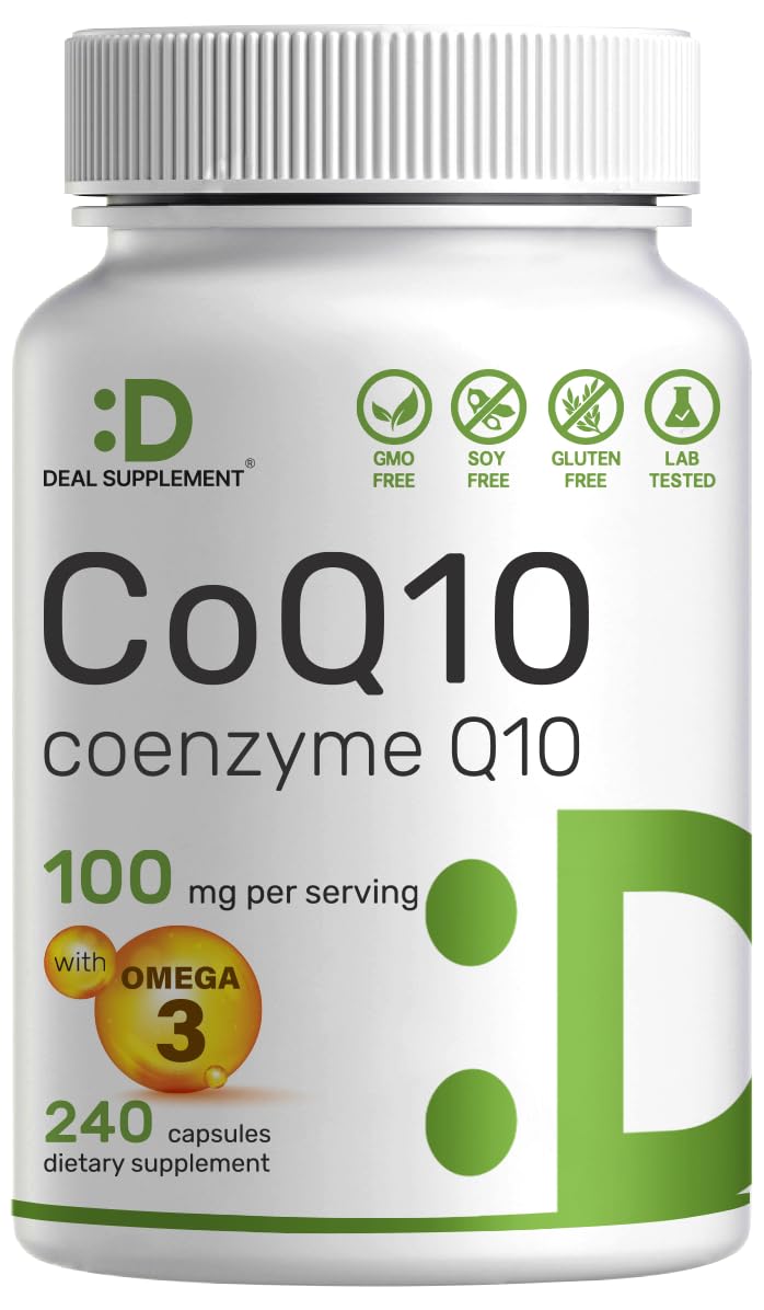 DEAL SUPPLEMENT CoQ10 with Omega 3 bottle for daily wellness and energy support.