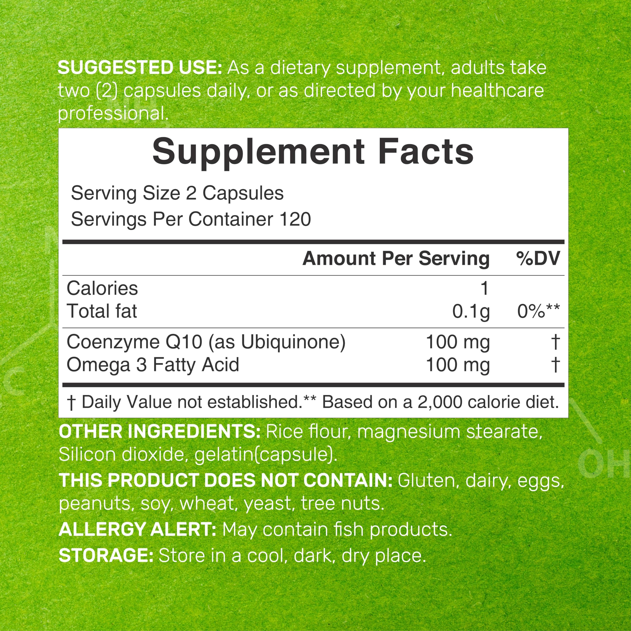 Capsules close-up showing easily absorbed ubiquinone CoQ10 with omega-3.