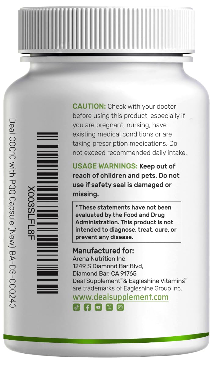 Bottle beside a glass showing a daily routine with Deal Supplement CoQ10 with PQQ.