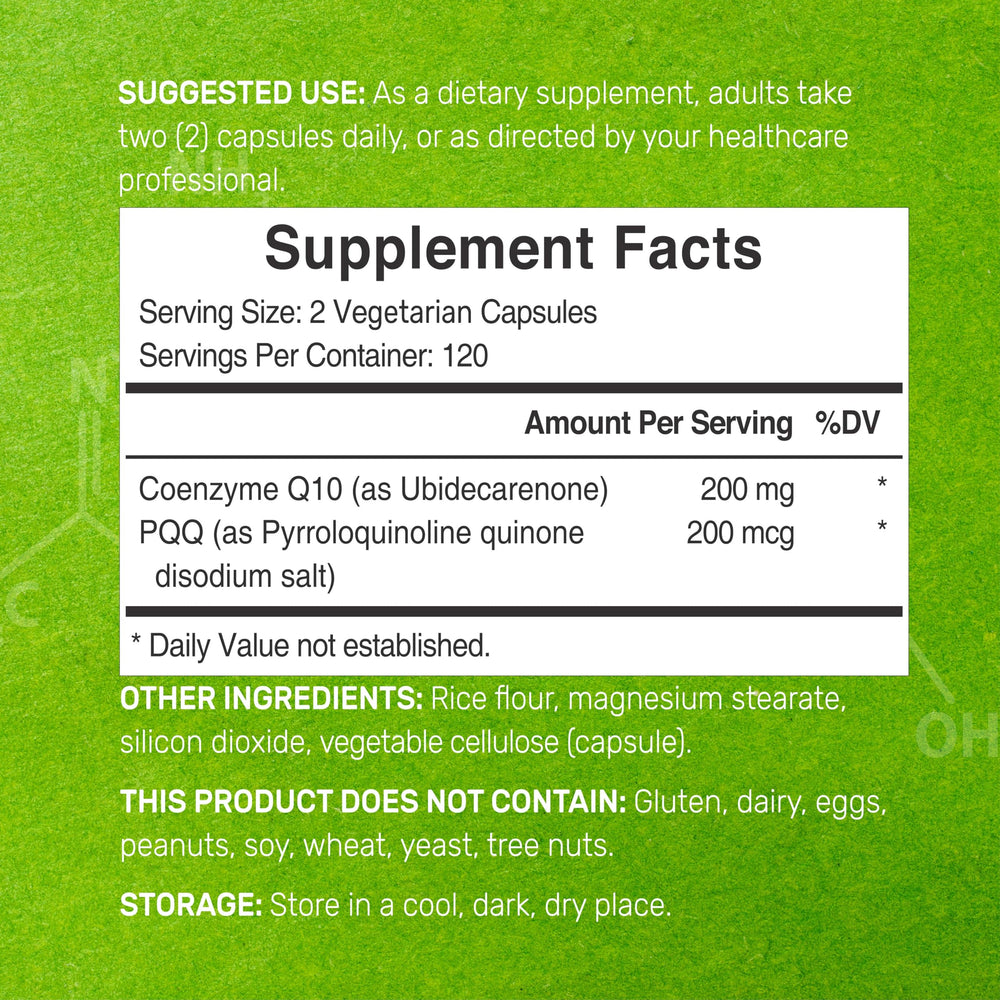 CoQ10 with PQQ capsules close-up highlighting veggie capsules for daily use and energy support.