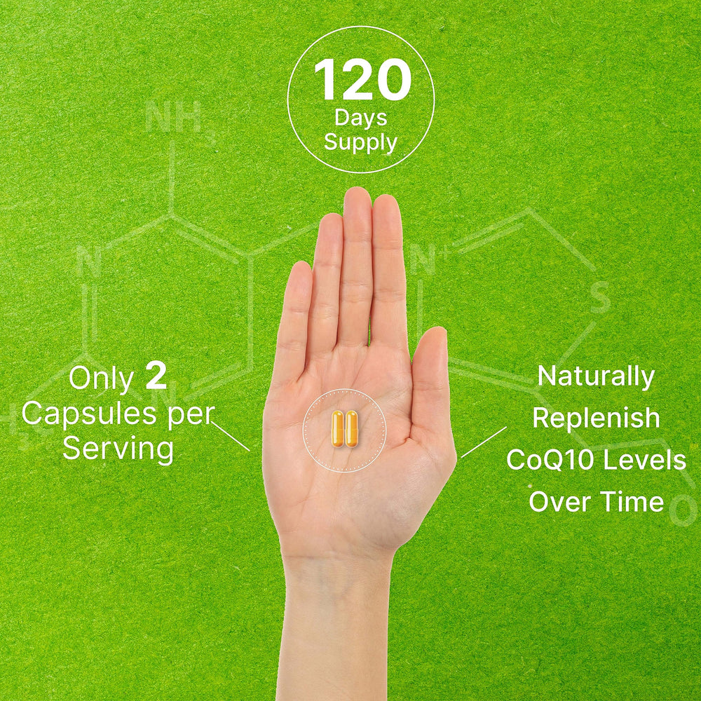 Two-capsule serving illustration for Deal Supplement CoQ10 with PQQ dosage guidance.
