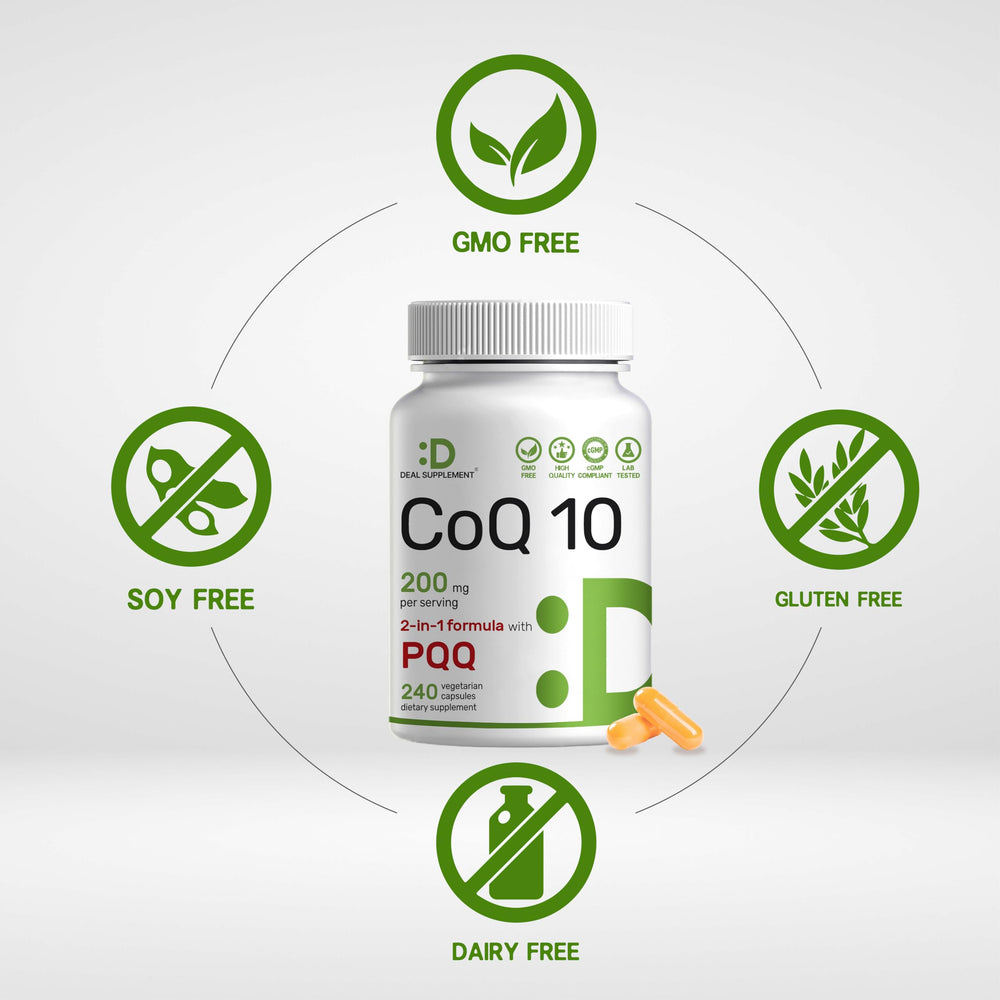 CoQ10 with PQQ label view displaying 200 mg CoQ10 and 200 mcg PQQ per serving.