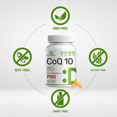 CoQ10 with PQQ label view displaying 200 mg CoQ10 and 200 mcg PQQ per serving.