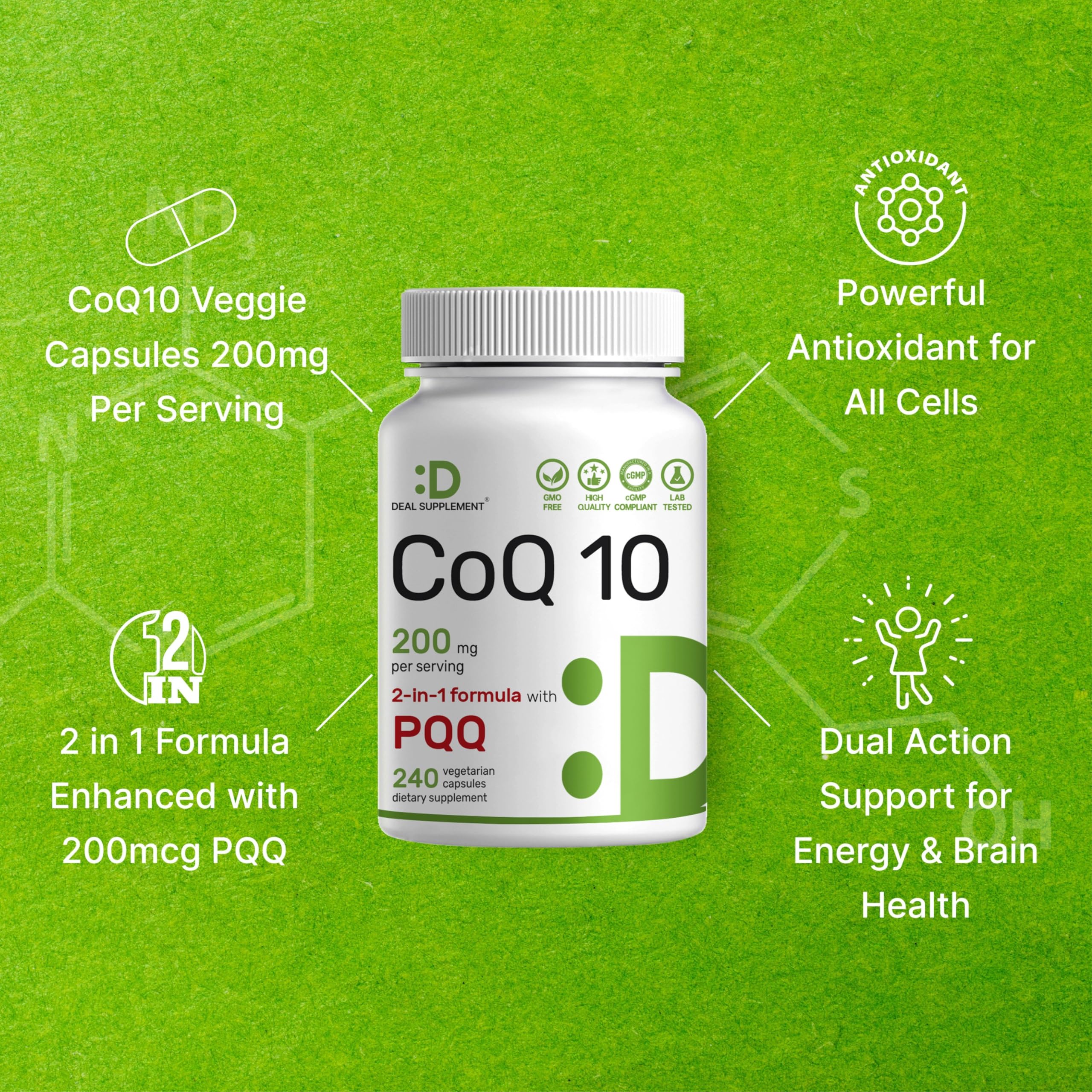 Packaging box for Deal Supplement CoQ10 with PQQ emphasizing a 240-count supply.