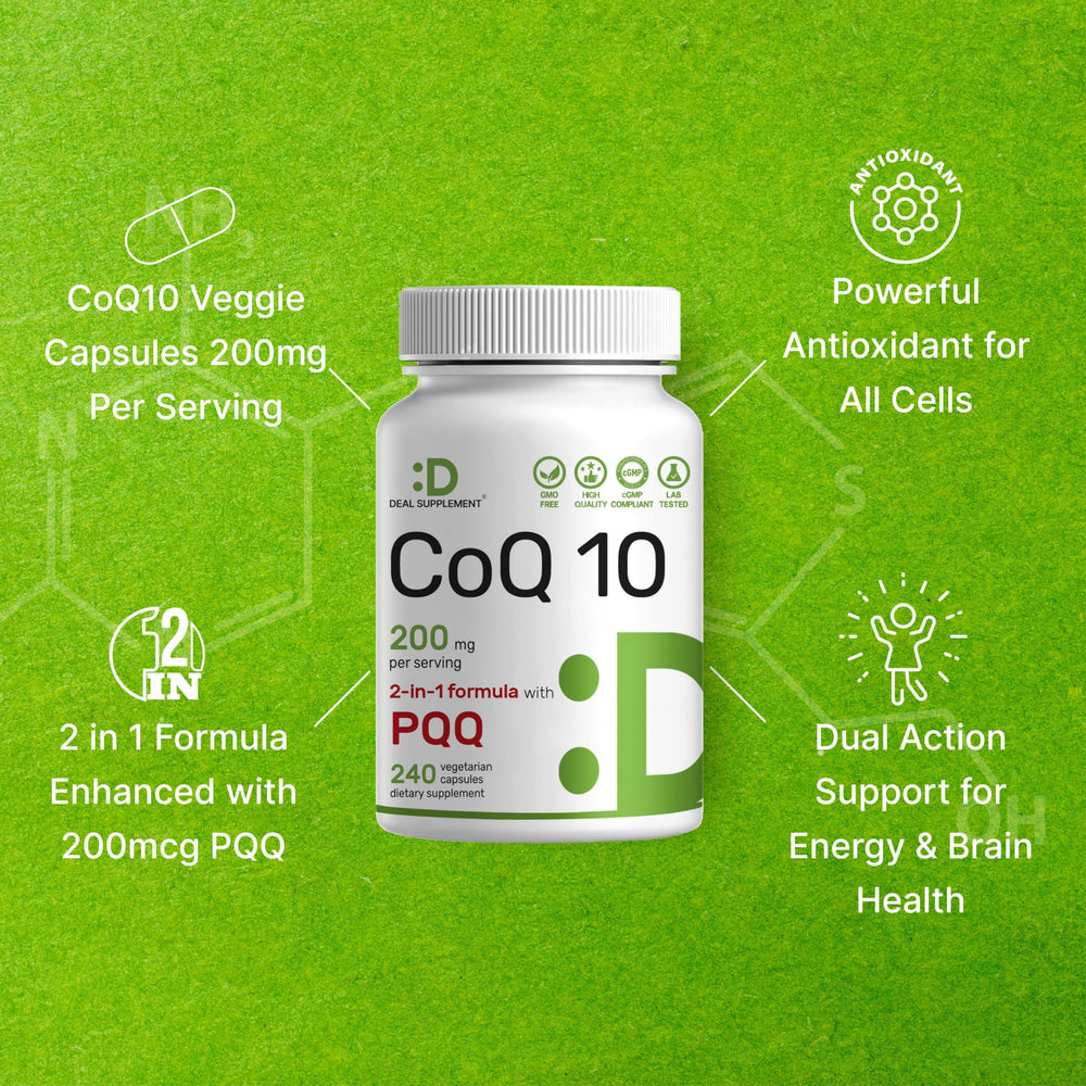 Packaging box for Deal Supplement CoQ10 with PQQ emphasizing a 240-count supply.
