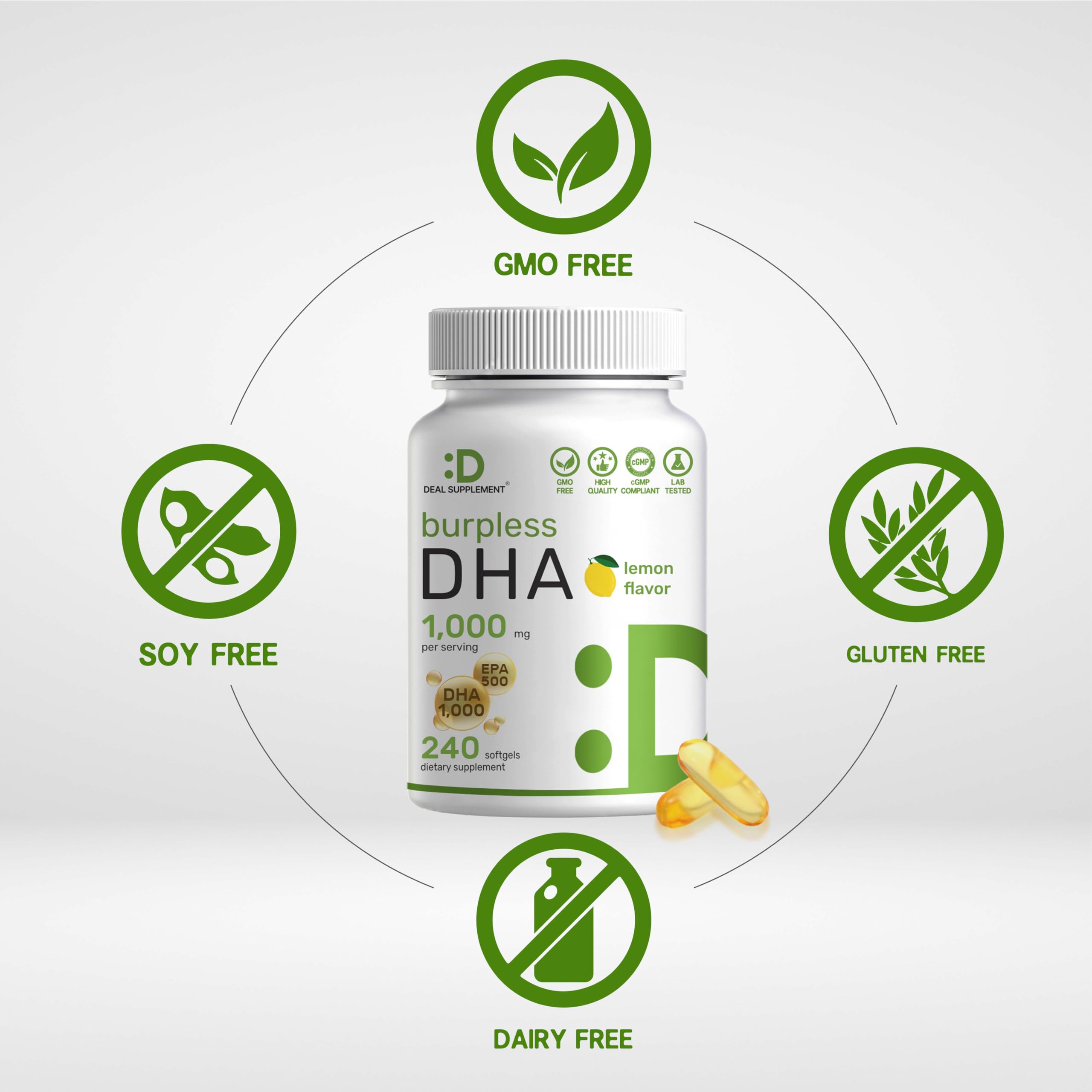 Deal Supplement DHA lemon label indicates EPA and DHA potency.