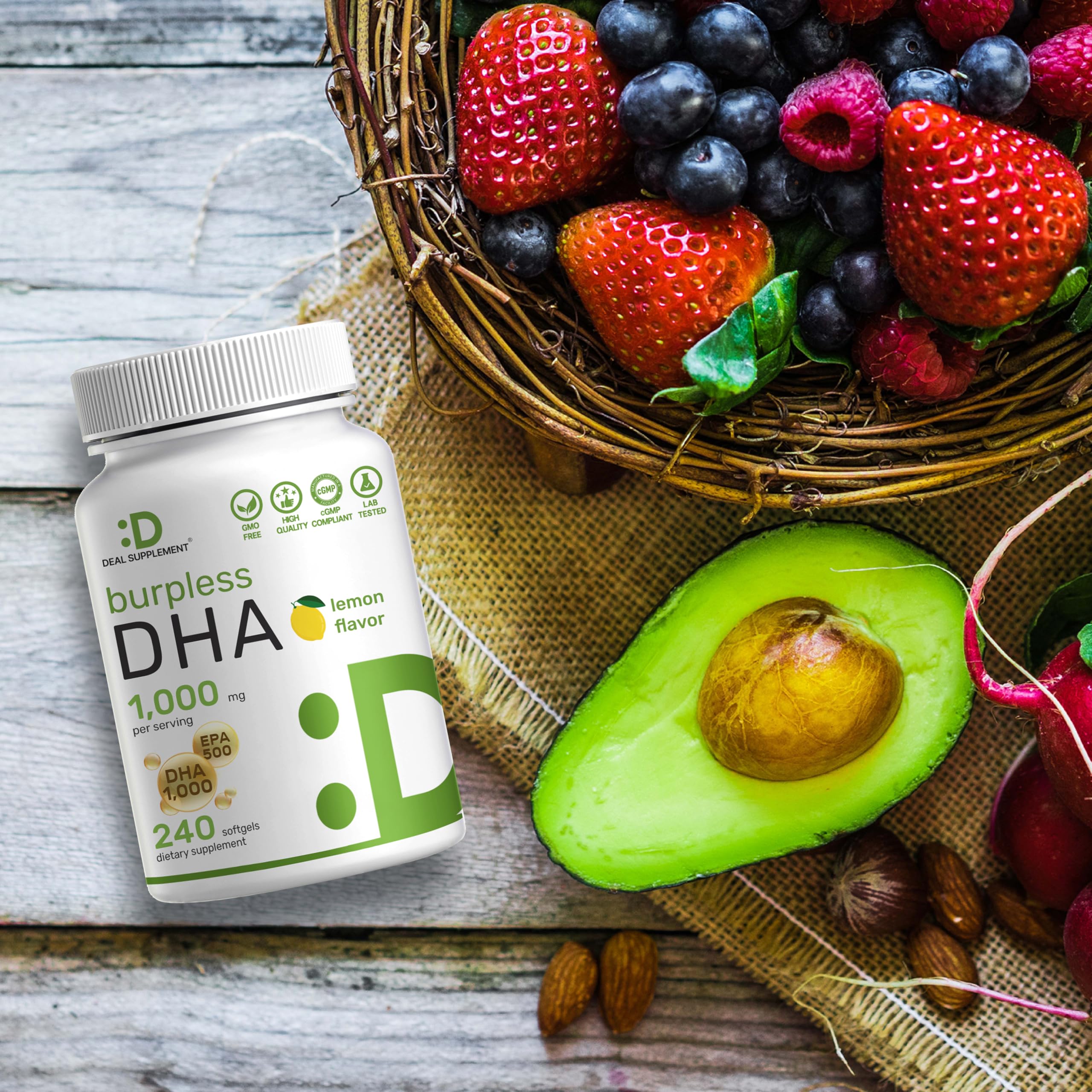 Deal Supplement DHA non-GMO badge highlights clean ingredients.