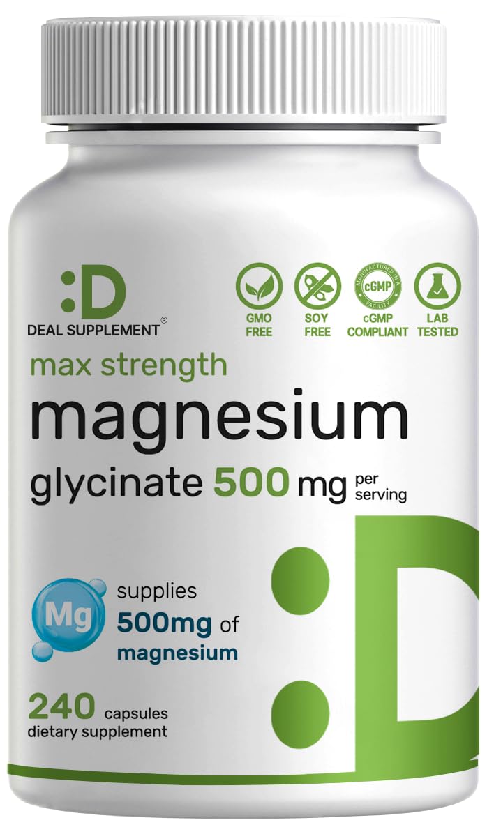 Deal Supplement Max Strength Magnesium Glycinate bottle shows easy absorption and high potency