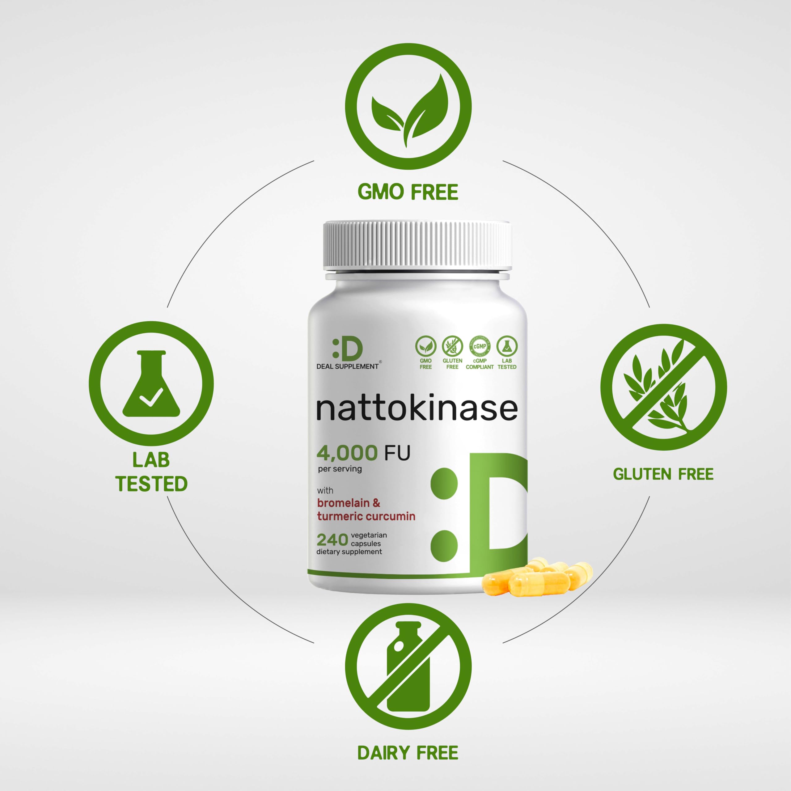 DEAL SUPPLEMENT nattokinase bromelain label emphasizes pineapple-derived enzyme support
