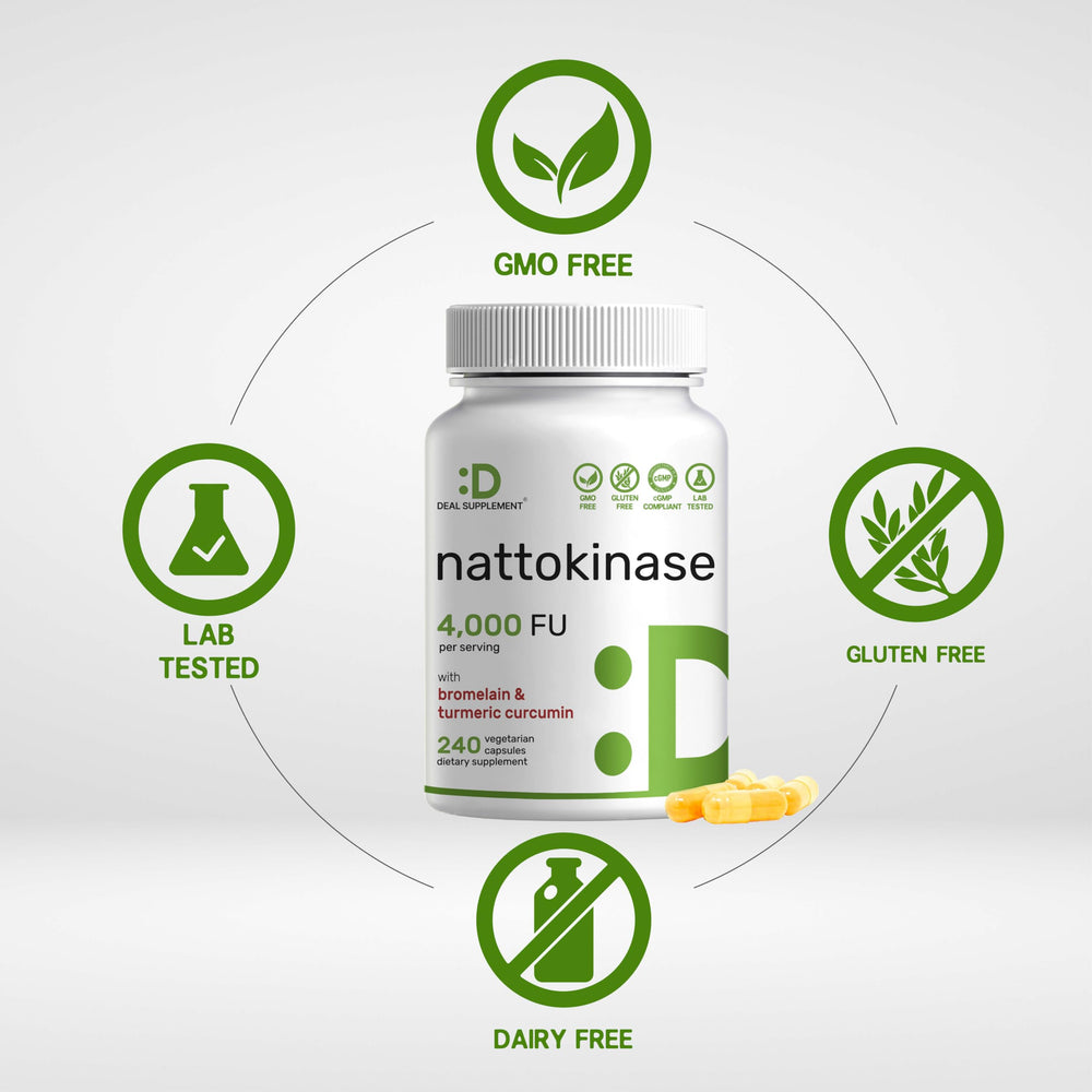 DEAL SUPPLEMENT nattokinase bromelain label emphasizes pineapple-derived enzyme support