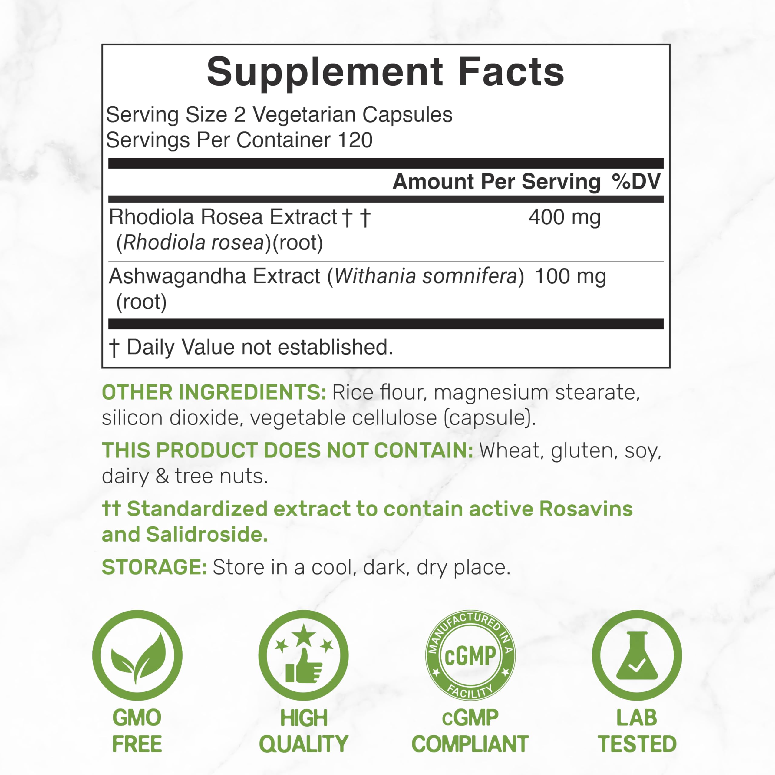 DEAL SUPPLEMENT Rhodiola-Ashwagandha capsules closeup highlights premium adaptogenic capsules.