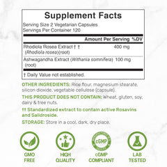 DEAL SUPPLEMENT Rhodiola-Ashwagandha capsules closeup highlights premium adaptogenic capsules.