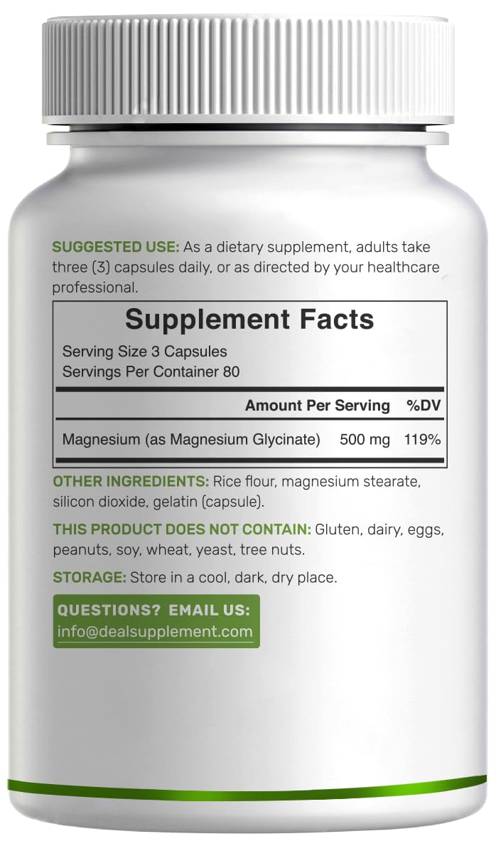 Deal Supplement serving-size graphic explains three capsules per serving for 500 mg