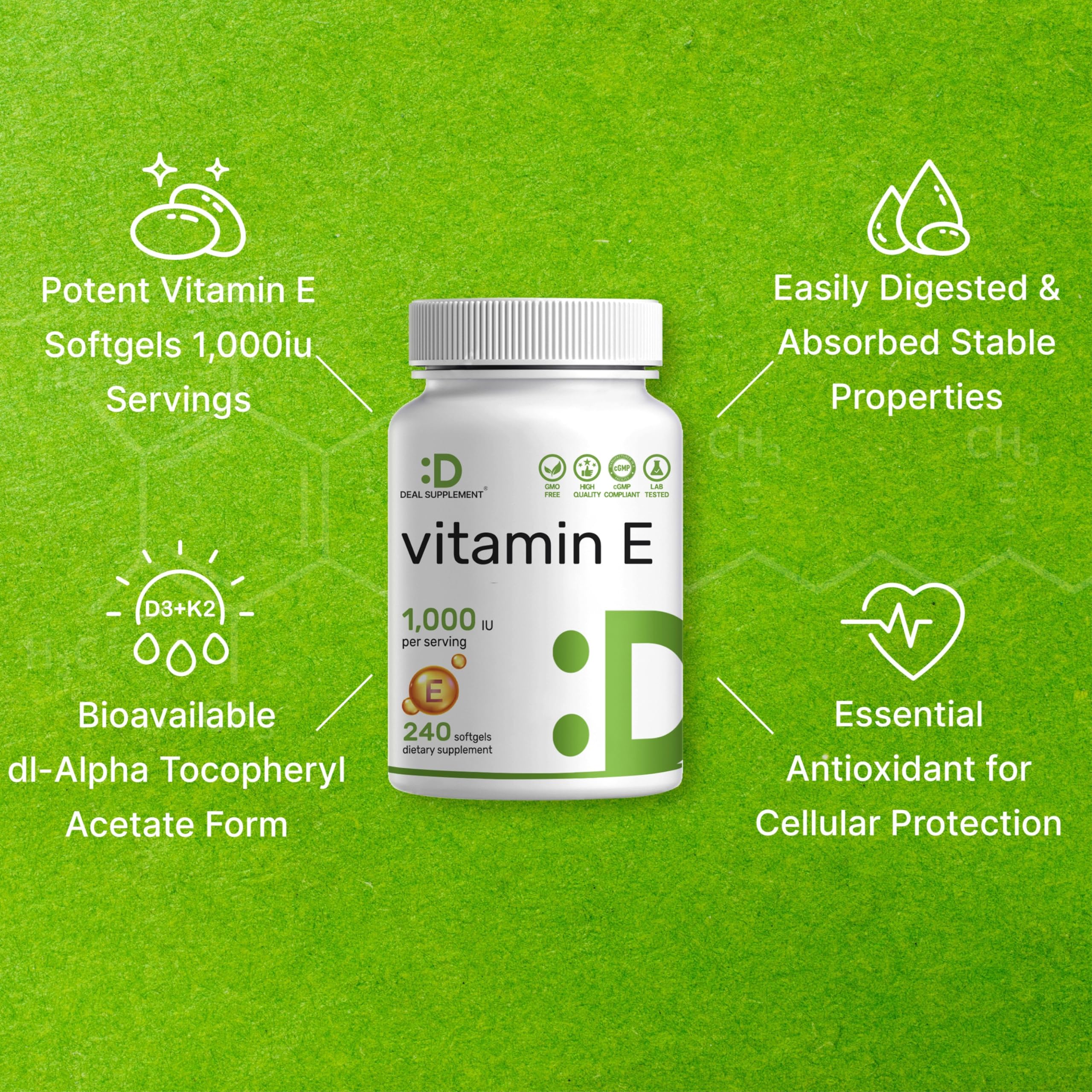 DEAL SUPPLEMENT bottle with clear label communicates non-GMO and allergen-free features.