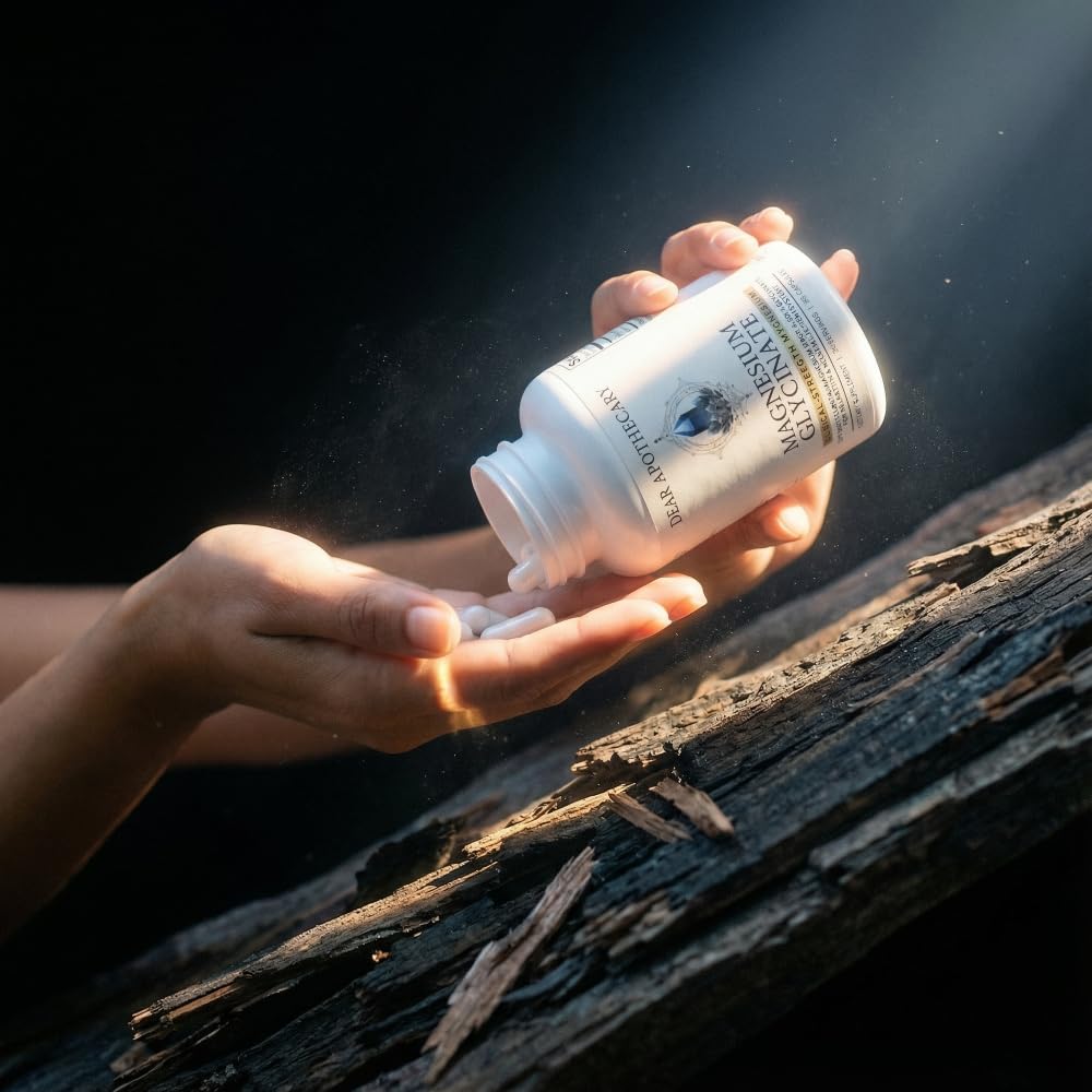 Dear Apothecary Magnesium Glycinate bottle beside water, convenient daily use.