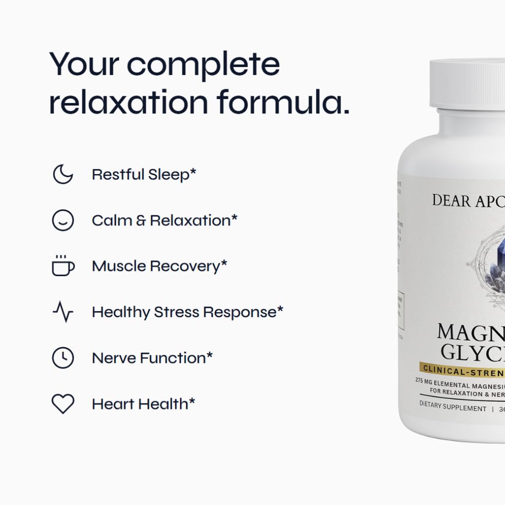 Dear Apothecary Magnesium Glycinate capsules close-up showing vegan, non-GMO capsules.