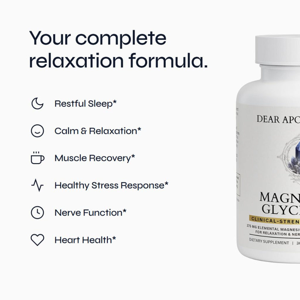 Dear Apothecary Magnesium Glycinate capsules close-up showing vegan, non-GMO capsules.