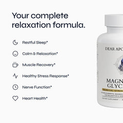 Dear Apothecary Magnesium Glycinate capsules close-up showing vegan, non-GMO capsules.