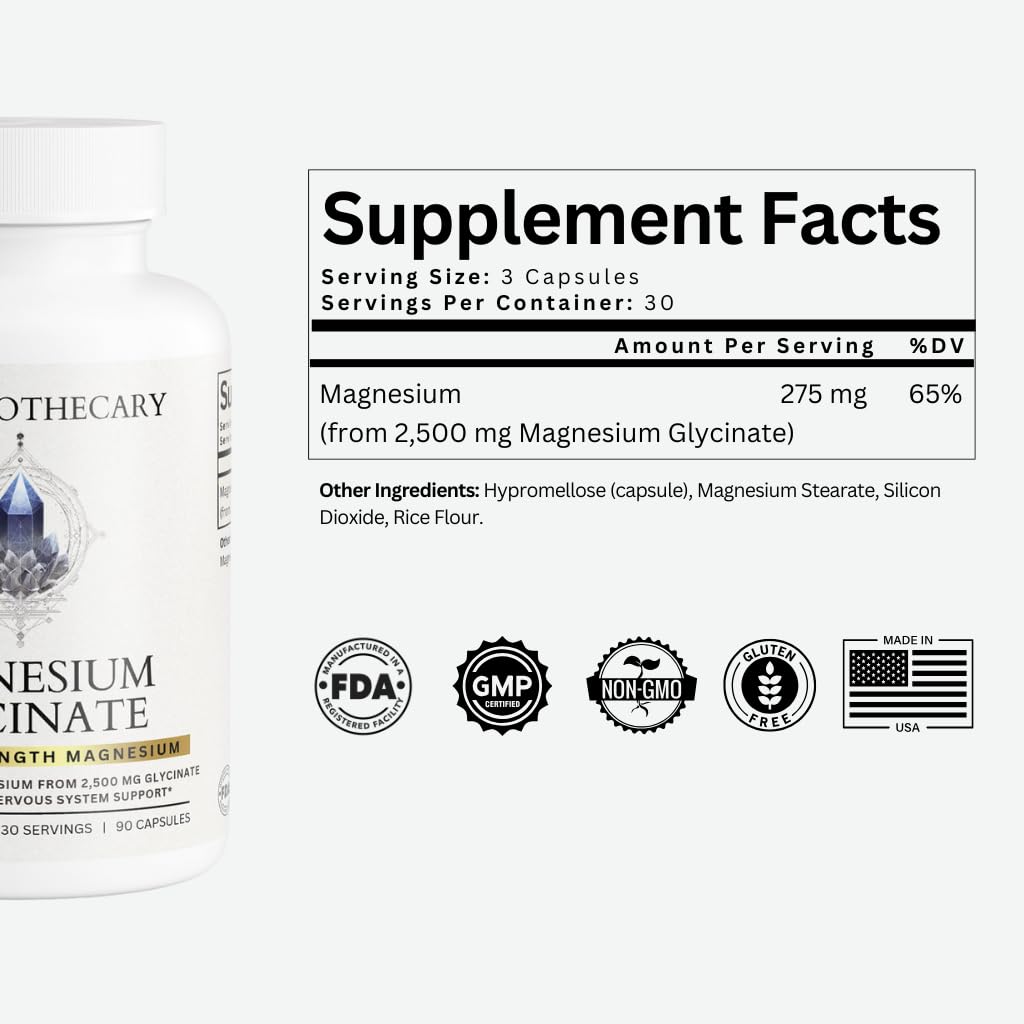 Dear Apothecary Magnesium Glycinate label detail shows 275 mg elemental magnesium per serving.