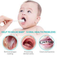 Close-up of Dearlomum baby tongue cleaner showing 3D wave cleaning for 360-degree coverage
