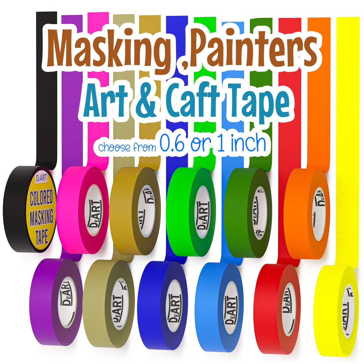 DEART colored masking tape 8-pack with vibrant hues for crafts and labeling.