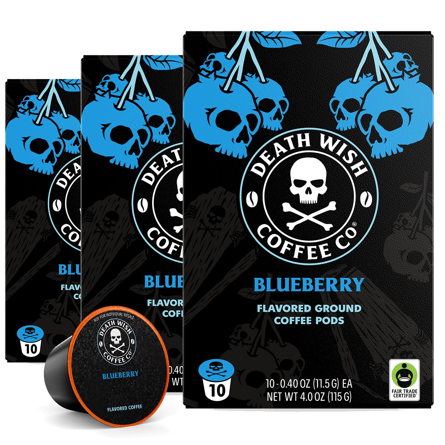 Death Wish Blue and Buried blueberry pods in packshot, ideal for bold mornings.