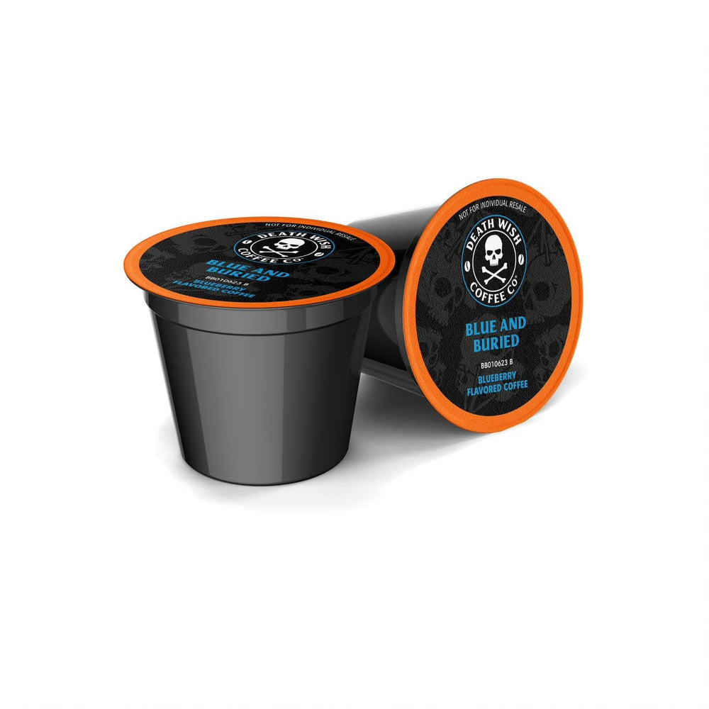 Death Wish blueberry pods with Fair Trade certification label visible.