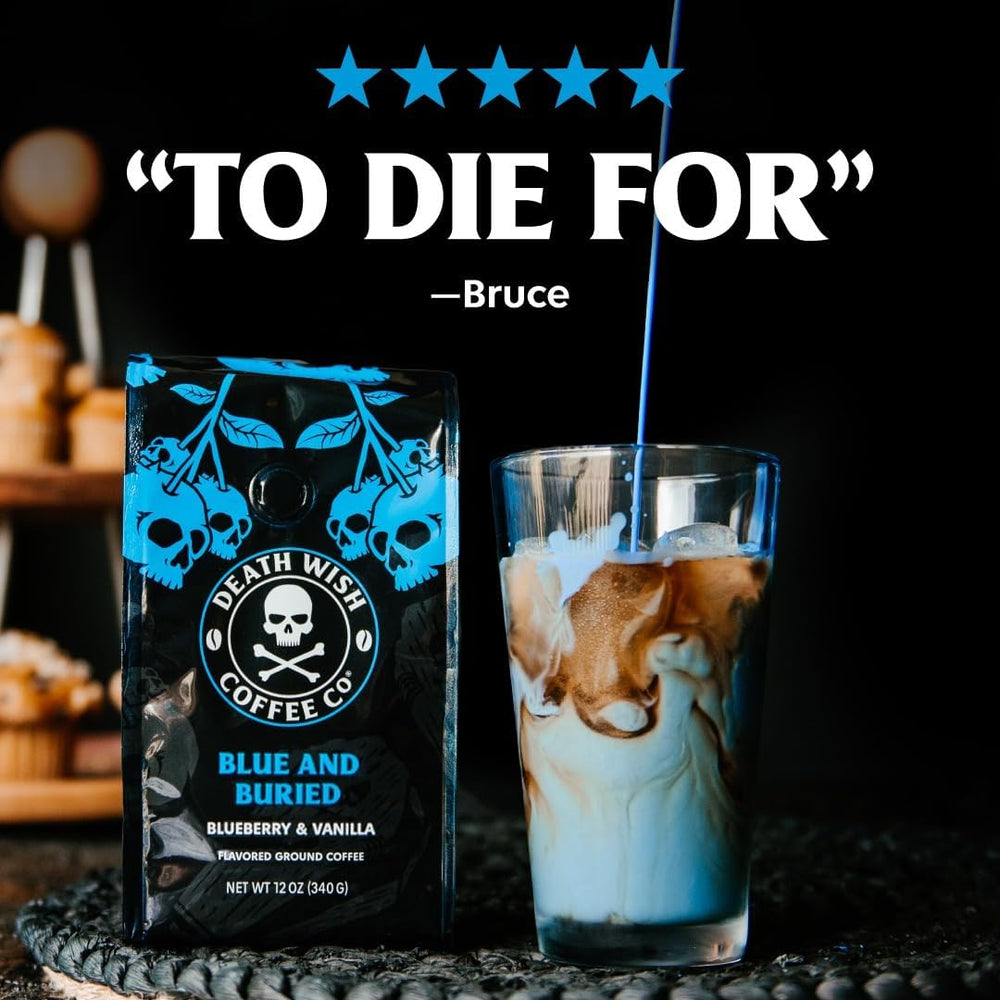 Death Wish blueberry pods pouring into a hot cup for a rich brew.