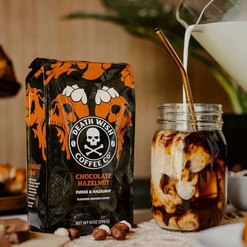 Death Wish Chocolate Hazelnut coffee poured into a cup, rich and indulgent.